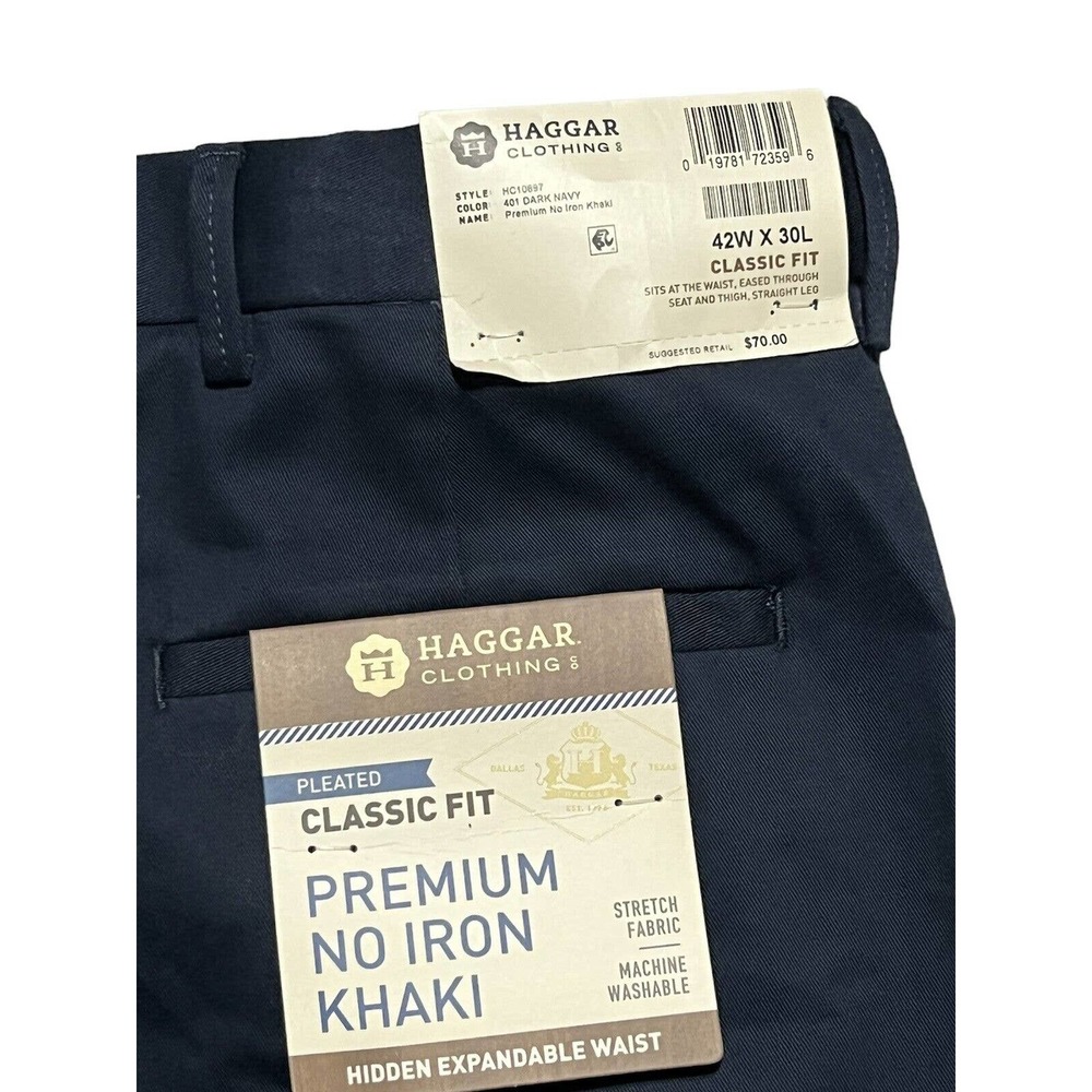Mens Haggar Pants 42x30 Navy NWT Premium No Iron Khaki Flat Front Classic
